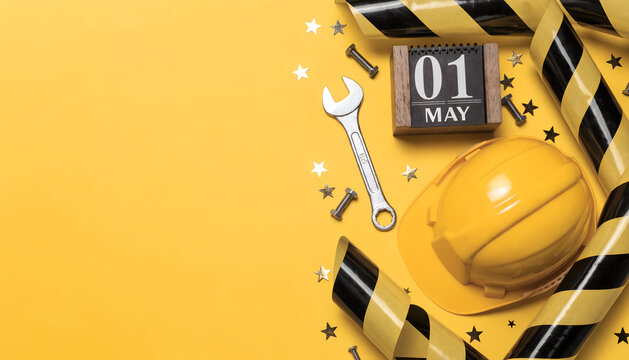 May first labor day celebration with construction tools hard hat and caution tape on yellow background festive theme.