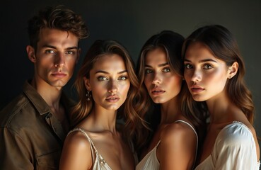 Obraz premium Four attractive young models posing for studio portrait. Two women wear elegant white dresses. One man wears casual brown shirt. Fashion beauty and style photography for ads.