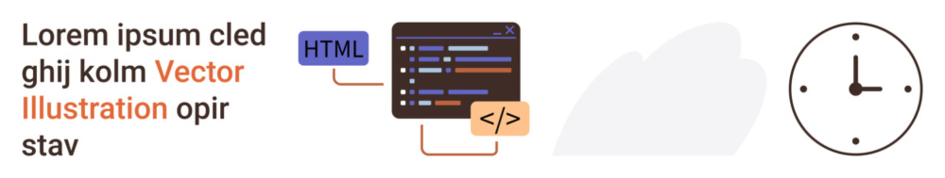 Web design, coding tools, front-end development, programming concept, time management, and software projects. Code editor and HTML tag beside a clock. Web design and coding tools theme