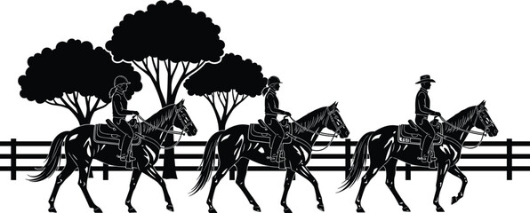 Obraz premium Silhouette of horse riders on ranch with fence and trees, equestrian scene, cowboy lifestyle illustration, countryside horseback riding concept
