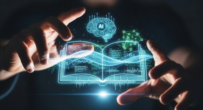 Hands frame a glowing holographic book icon representing digital knowledge, data, technology, digital, ai, virtual, system, innovation