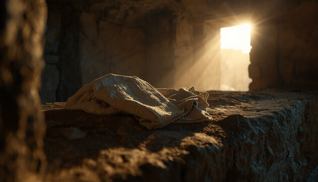 Empty tomb with burial cloth illuminated by divine light, symbolizing resurrection