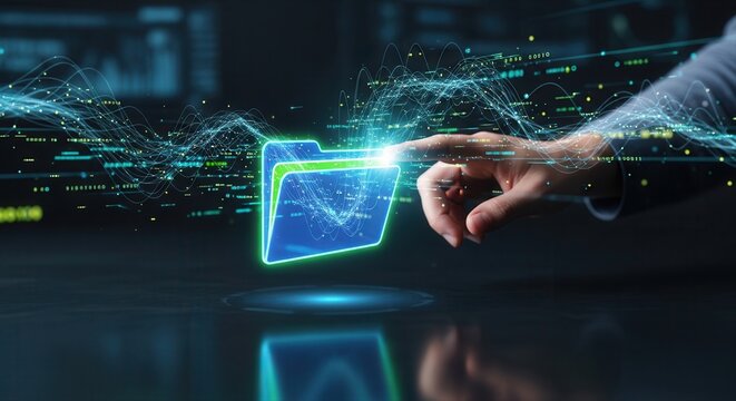 A hand interacts with a holographic folder icon with streaming data lines, data, technology, digital, system, software, storage, management