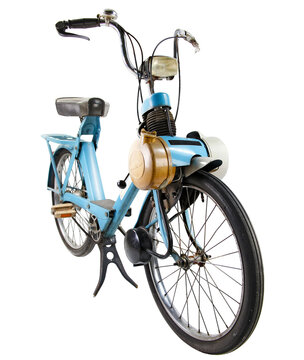 Vintage blue  motorized bicycle isolated transparent background. Classic French moped with front-mounted engine, retro styling, and chrome handlebars. Iconic 1970s transportation.