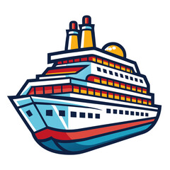 Fototapeta premium Modern cruise ship mascot vector, luxury ocean liner illustration, nautical travel vessel icon with bold outlines, maritime vacation transport
