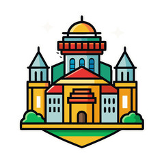 Fototapeta premium Cartoon palace vector illustration, colorful castle building icon with domes and towers, majestic royal mansion graphic for gaming and travel apps
