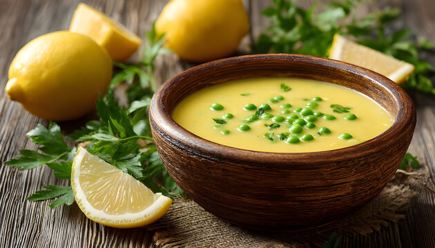 Creamy yellow soup in rustic bowl with peas and parsley garnish. Fresh lemons nearby suggest bright citrus flavor. Light veloute style dish.