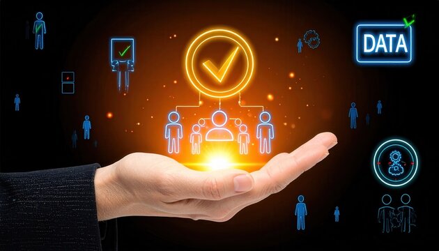 Businessman using AI and data analysis to identify target audience. Concept of customer segmentation, partner profiling, predictive analytics, CRM system, and strategic business intelligence