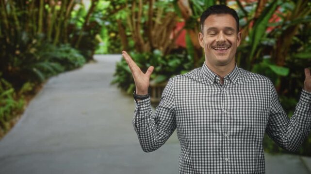 Man with mustache shrugging hands and smiling on a forest path in a checked shirt; contentment calm ease.