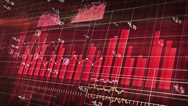A video showcasing a declining stock market trend with red graph and white grid lines on a dark background