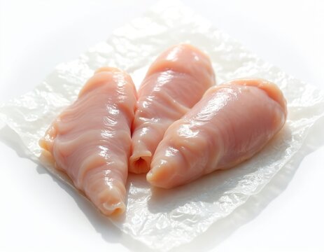 Three raw boneless skinless chicken breasts sit on white paper. They look fresh and ready for cooking. Meat is pinkish white with smooth texture.