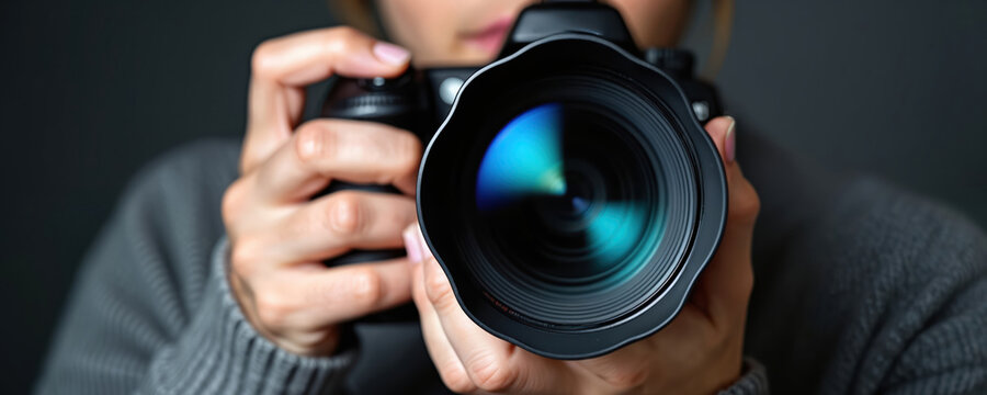 Person holds DSLR camera looking through viewfinder. Pro photographer frames shot with lens reflection. Captures moment with modern digital equipment. Creative hobbyist with advanced tech.