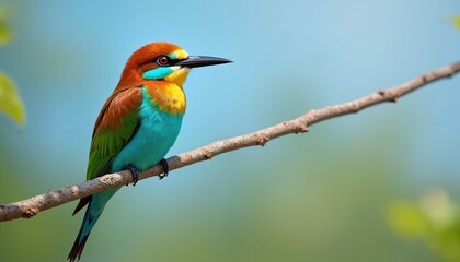 Obraz premium Colorful European bee eater bird sits on tree branch. This vibrant avian species with blue green yellow red brown plumage rests outdoors in daylight.