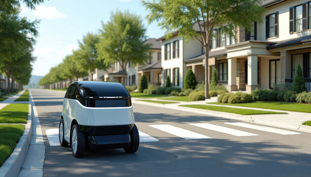 Autonomous robot drives on suburban street near modern houses. Delivery bot moves on road at daytime, crossing pedestrian path. Future tech transport.