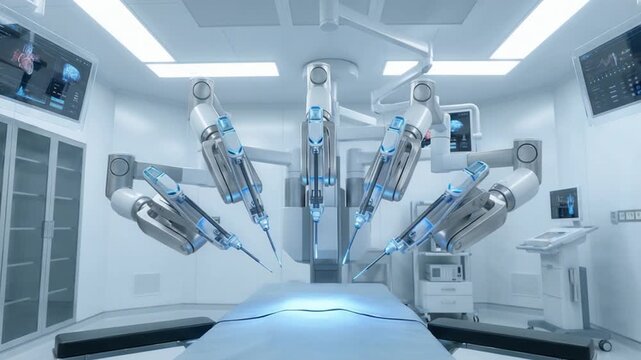 A hospital room with a robot performing a surgery