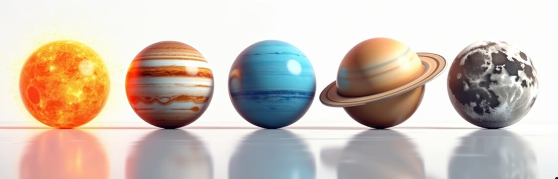 Sun, Jupiter, Neptune, Saturn, Moon aligned on clean, reflective white background. Arrangement represents space science, astronomy visually, making complex concepts accessible, engaging for