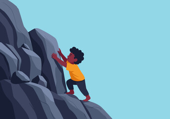 A brave young boy climbs a rocky mountain, symbolizing adventure and determination. Vibrant colors and a clear composition make this image ideal for motivational content.