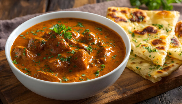 Indian soya chaap curry served with naan bread. Vegetarian dish with creamy tomato gravy and fresh parsley garnish. Delicious spiced meal for lunch or dinner