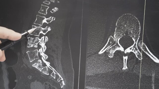 Close up of a doctor pointing with a pen and mouse cursor at a sagittal and axial lumbar CT scan. The images reveal bone metastasis and a compression fracture in the vertebrae.