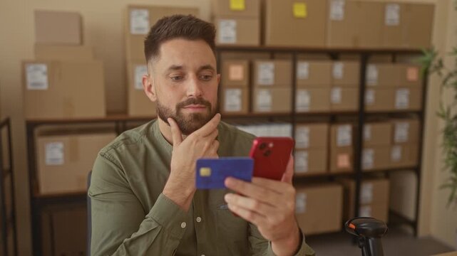 Man holding smartphone and creditcard, hand on chin in building fulfillment area with packed boxes and scanner; thoughtful focus.