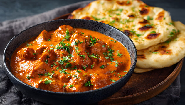 Indian soya chaap curry served with naan bread. Vegetarian dish with creamy tomato gravy and fresh parsley garnish. Delicious spiced meal for lunch or dinner