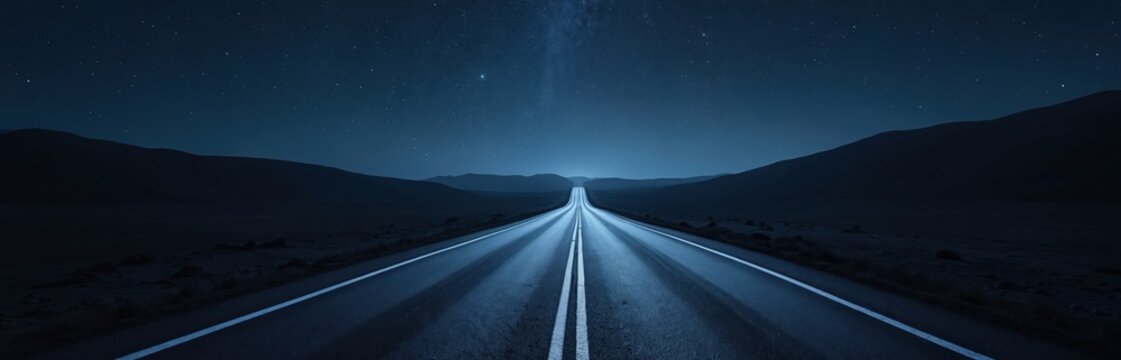 Empty asphalt road leads to distant horizon under starry night sky. Dark landscape surrounds highway with bright lane markers. Motion blur suggests fast travel towards future.