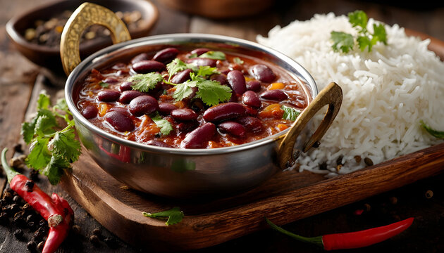 Rajma Masala flavorful Indian curry dish prepared with red kidney beans onions tomatoes and spices served with rice on wooden tray Rajma Masala is delicious gravy made by cooking red beans with onion