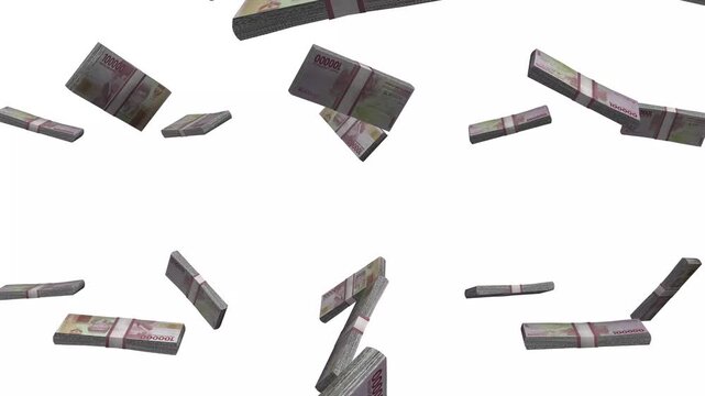 Indonesia Money, Indonesian Rupiah Banknotes Falling, IDR Currency Stacks, White Background, 4K