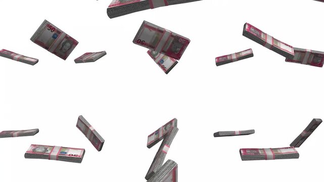 Jersey Money, States of Jersey Pound Banknotes Falling, JEP Currency Stacks, White Background, 4K