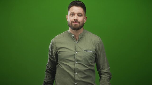 Man with beard forms heart shape with hands then points at camera in studio; affection connection warmth.