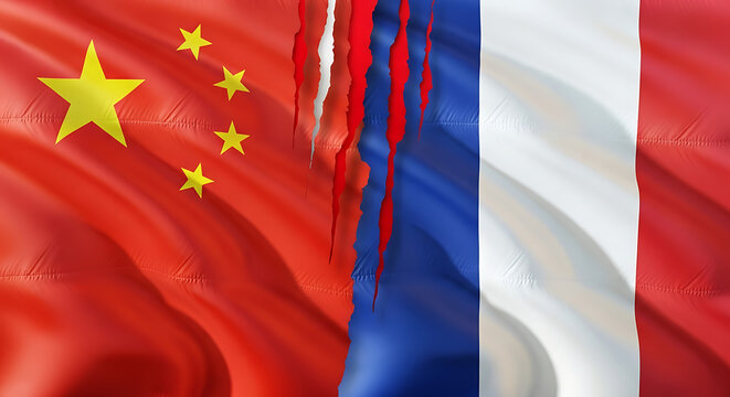 Flags of china and france with a torn border between them symbolizing conflict or separation