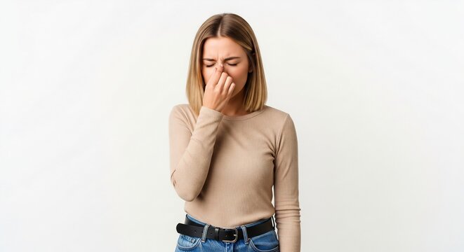 Young Woman Pinches Her Nose in Disgust, Feeling Repulsed by a Bad Odor or Unpleasant Smell