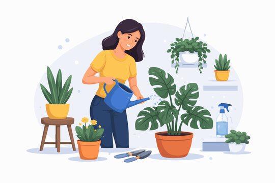 Woman watering houseplants at home, indoor gardening and plant care concept, flat vector illustration