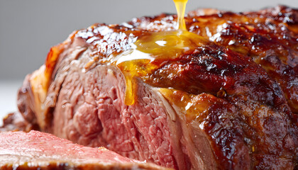 Obraz premium Delicious and Juicy Prime Rib Dripping with Melted Fat and Juices: Close-up of a Mouthwatering Roasted Meat on Isolated Background, Food Content, Gastronomy