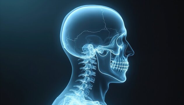 Translucent xray of human skull and neck bones against dark backdrop. Detailed anatomy view shows skeletal structure with glowing blue effect. Medical illustration for science.