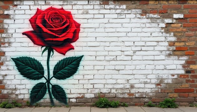 Graffiti red rose painted on white brick wall exterior. Urban art style flower with green leaves and stem. Outer wall texture displays brickwork.