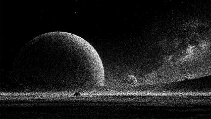 Glowing planet in deep space with starry galaxy background. Abstract dotted universe illustration. Stippled celestial landscape for wallpaper design. Science and cosmos exploration concept. © hiten666