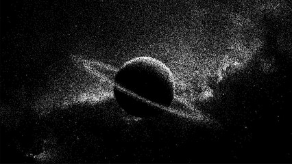 Planet with ring in starry space background. Abstract dot noise style cosmic illustration for science project. Minimalist vector galaxy texture for astronomy and universe concept. © hiten666