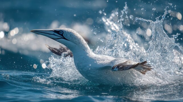 Northern gannet diving into cold ocean waters, creating a dramatic splash under strong midday sunlight, showcasing high clarity and dynamic motion in a hunting scene