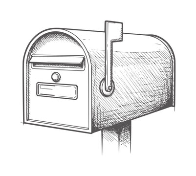 Black and white of a classic outdoor mailbox with flag monochrome