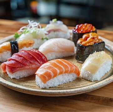 Assorted Sushi Platter with Salmon Tuna and Uni on Ceramic Plate created with Generative AI Technology, ai, generative