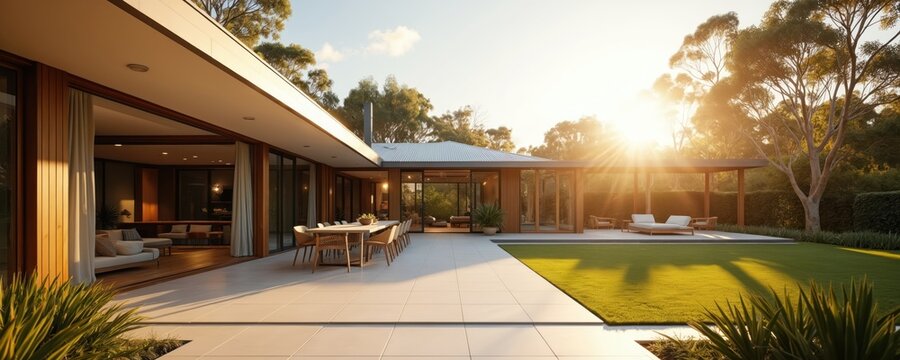Modern Australian home with expansive glass doors opens to patio and green lawn. Large outdoor dining table sits on tiled area bathed in golden hour sun. Lush trees surround property.