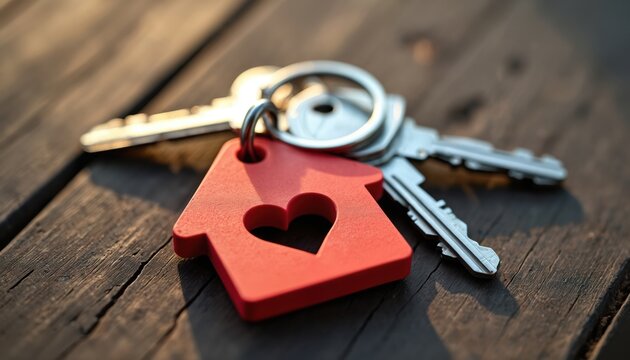 Red house shaped keychain with heart cutout and keys rests on weathered wooden table. Home ownership symbol ready for new residence. Secure property access.