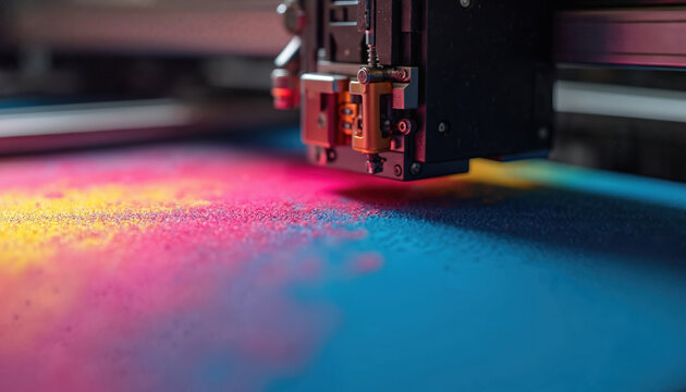 DTF printer head applies bright pink and yellow inks onto fabric surface close up. Machine makes colourful pattern for apparel production on textile substrate in workshop.