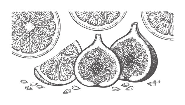 Hand drawn of sliced figs and citrus fruit with seeds orange