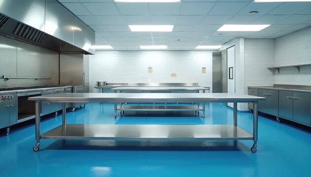 Empty professional kitchen with steel tables, cooking range, cabinets. Brightly lit space with blue flooring, tiled walls. Modern clean commercial food prep area ready for use. Restaurant catering
