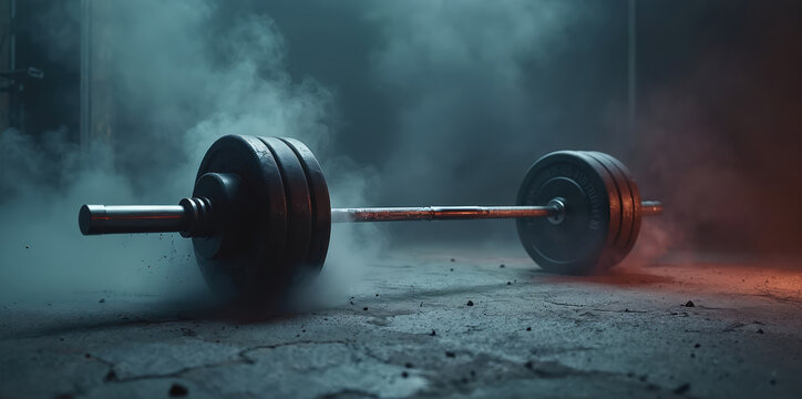 Heavy barbell with large weight plates rests on a dusty floor. Smoke swirls around the equipment in a dark gym with dramatic lighting. Intense atmosphere for intense training.