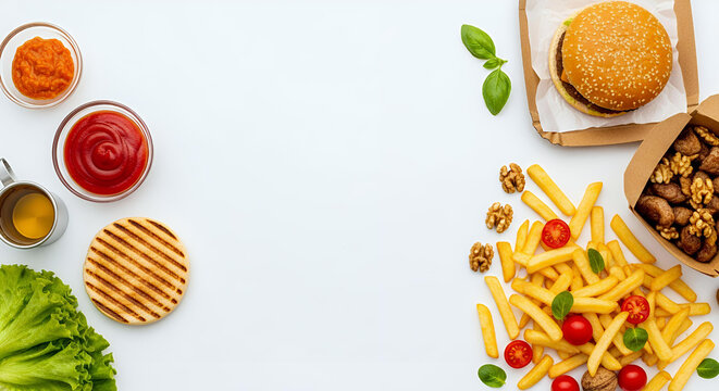 Delicious beef burger in box with french fries cherry tomatoes lettuce and various sauces on white background for fast food delivery menu restaurant advertising and gourmet concept
