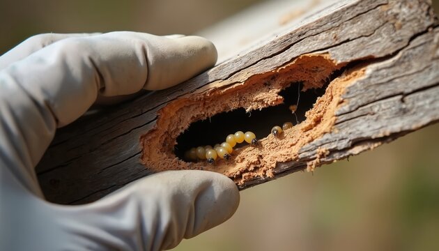Gloved hand holds wood with termite eggs and larvae inside hollow cavity. Expert inspects insect damage, decay, and infestation in wooden beam for pest control.