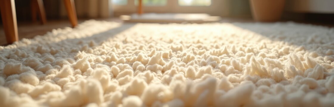 Plush neutral wool rug texture close up. Soft shaggy carpet fibers under sunlight. Cozy floor covering adds comfort warmth to modern interior design.